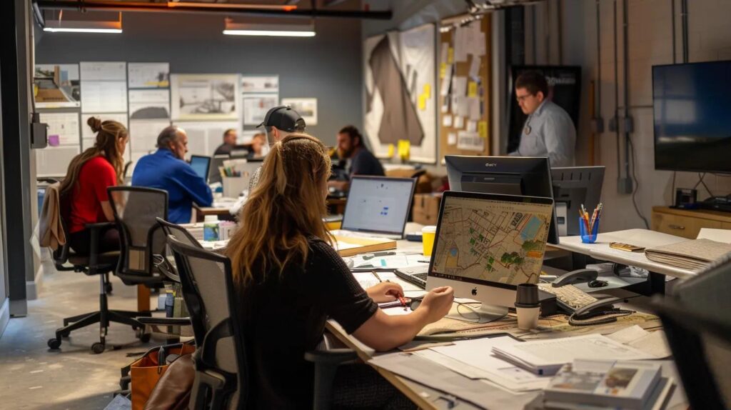 a highly focused office environment depicts a team of restoration experts collaborating intensely over blueprints and detailed damage assessments, with a backdrop of emergency response equipment and fire-damaged materials, emphasizing the urgency and complexity of fire restoration in denver.