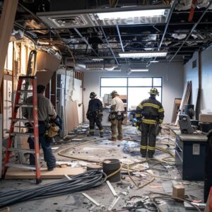 a professional fire restoration team efficiently assesses a recently damaged urban office space, showcasing advanced equipment and meticulous documentation under bright, overhead lighting.