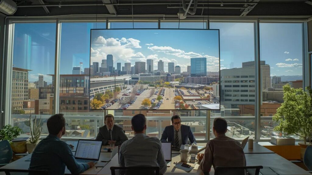 a dynamic urban office setting showcases a denver fire restoration team engaged in a strategy meeting, highlighted by modern technology and visuals of local buildings affected by fire, emphasizing their deep knowledge of regional regulations and community trust.