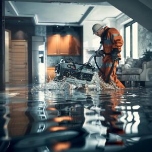 Professional water extraction technician using industrial equipment in a flooded residential area
