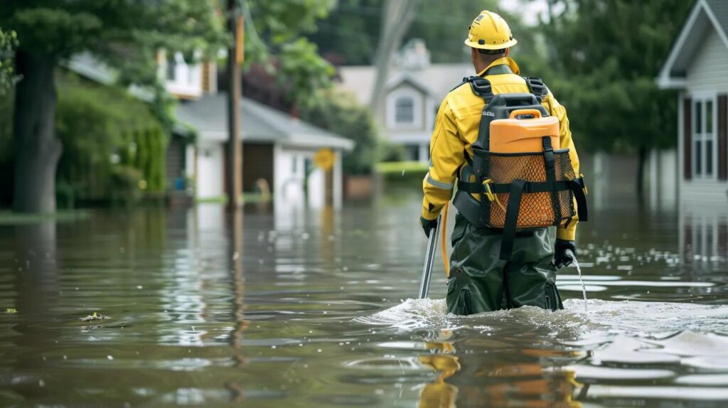 Professional water extraction technician using industrial equipment in a flooded residential area