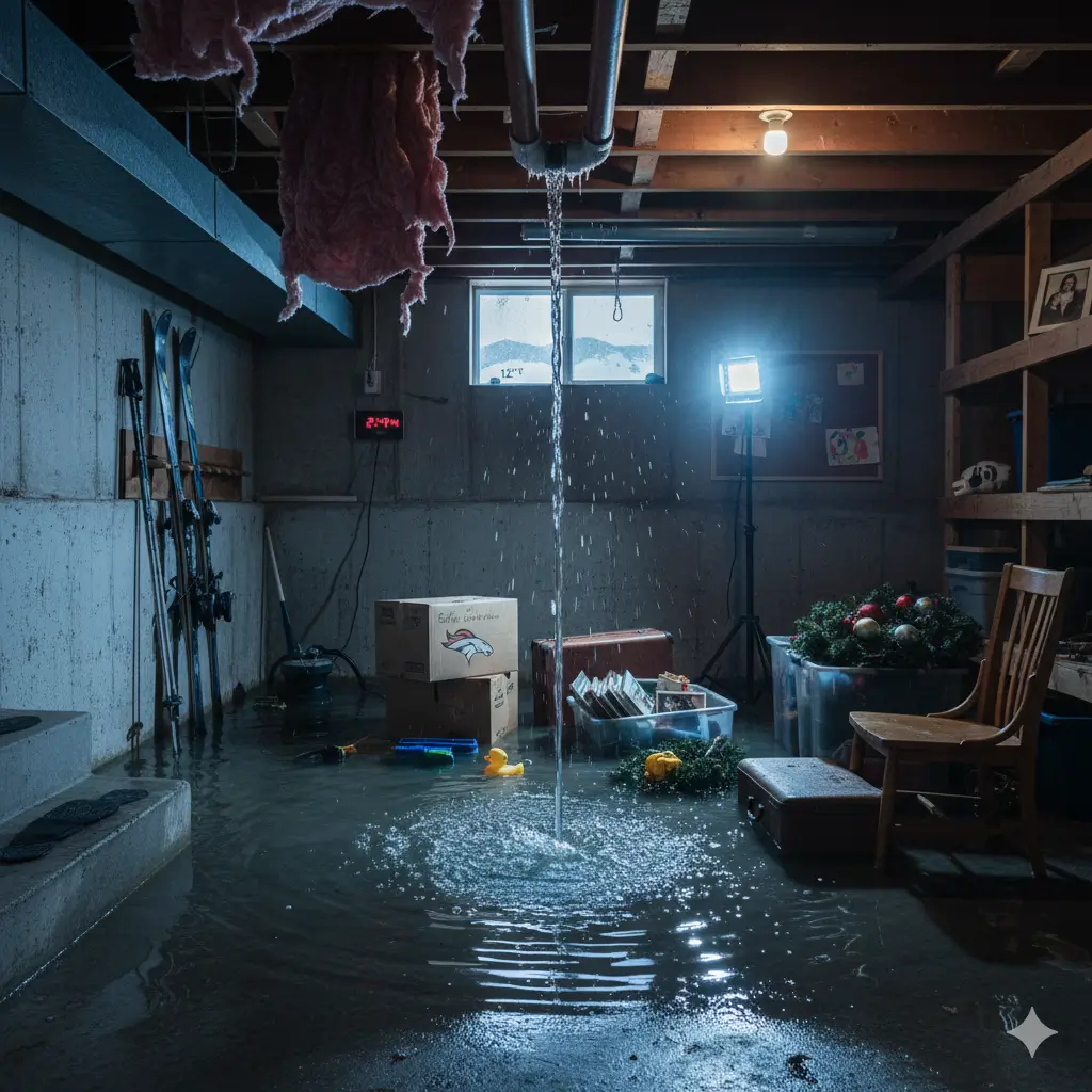 Emergency water damage Denver basement from burst frozen pipe flooding with damaged Christmas storage boxes and Colorado ski equipment requiring immediate water extraction service
