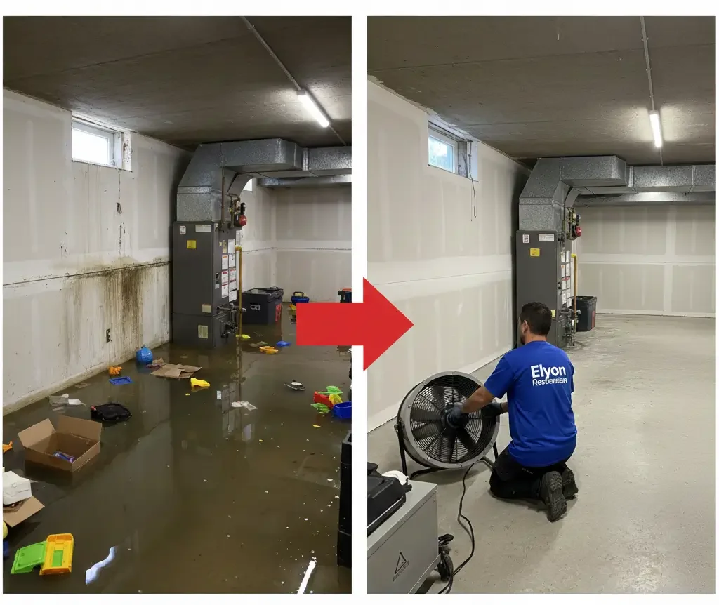 Basement flooding from burst pipe water damage Denver - professional flood cleanup and restoration by Elyon