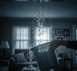 Burst pipe water damage emergency showing ceiling leak with homeowner catching water in Denver home - immediate response guide