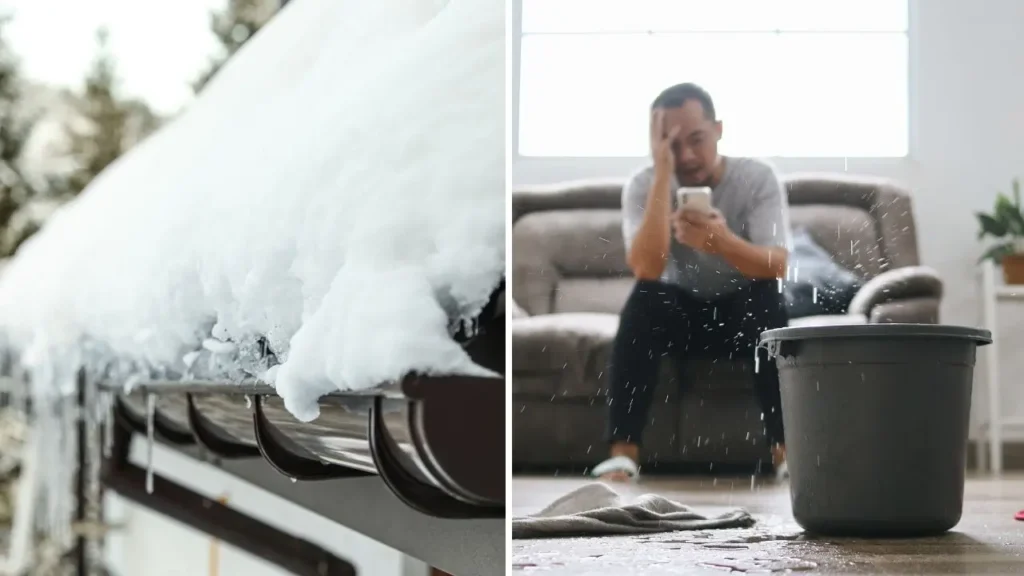 Ice dam water damage comparison showing exterior ice buildup and interior roof leak water in Colorado home