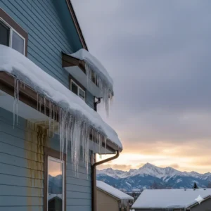 Severe ice dams with large icicles causing water damage on Denver Colorado home with Rocky Mountains in background