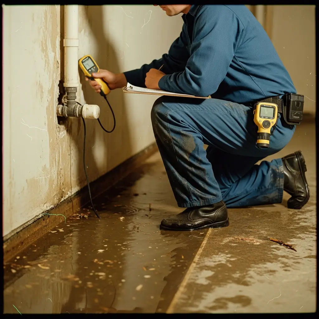 Professional water damage restoration technician using thermal imaging camera and moisture meters to document frozen pipe damage for insurance claim approval in Denver basement