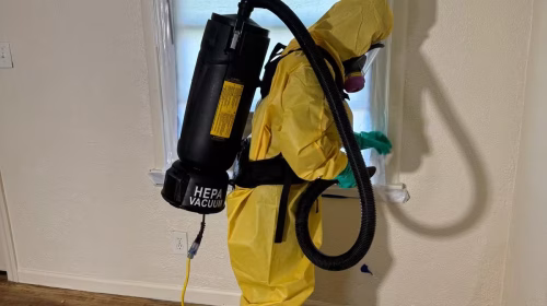 Biohazard removal specialist wearing yellow hazmat suit using commercial HEPA equipment for sewage cleanup Golden